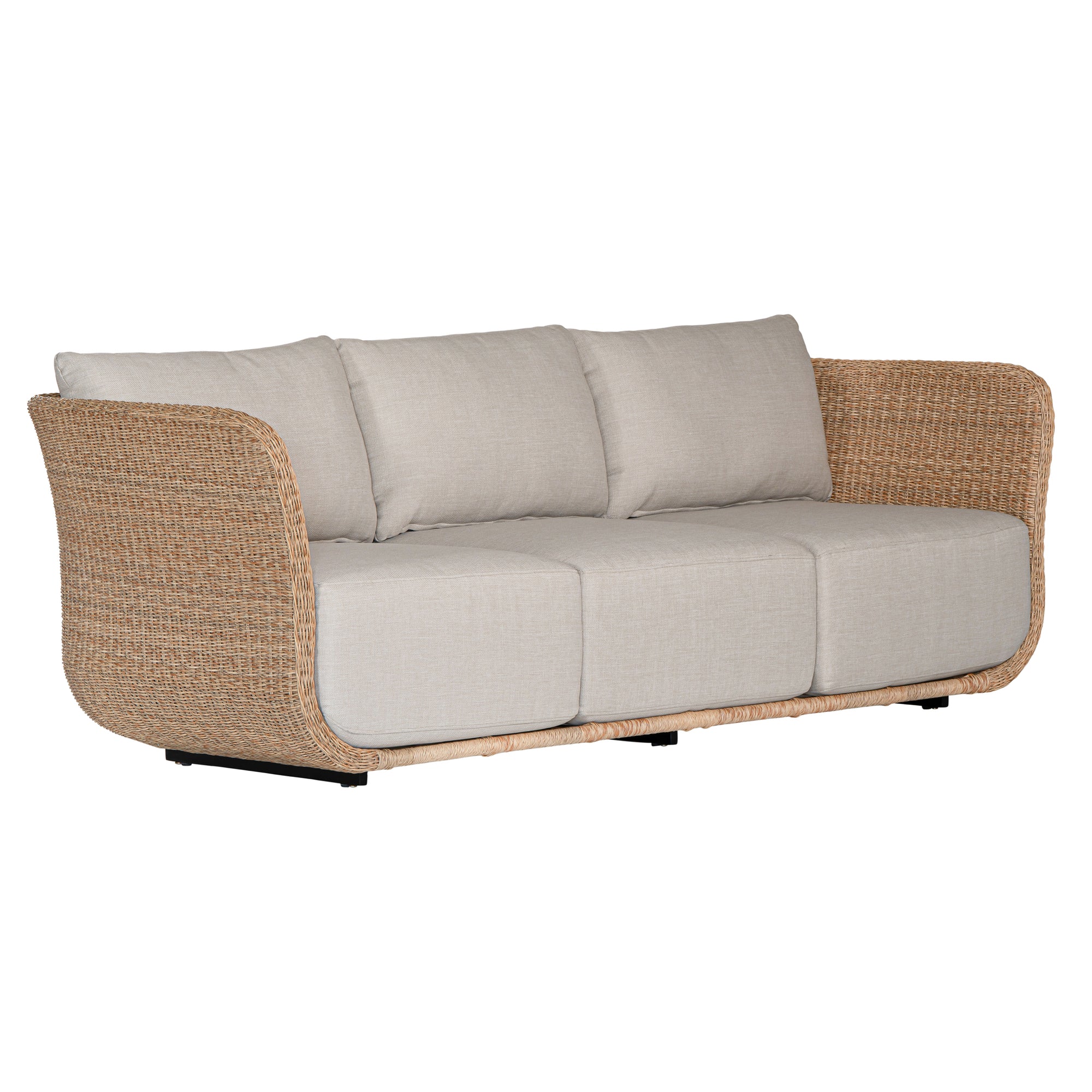 Natural rattan three seater with plush barley cushions, offering a blend of comfort and contemporary coastal style