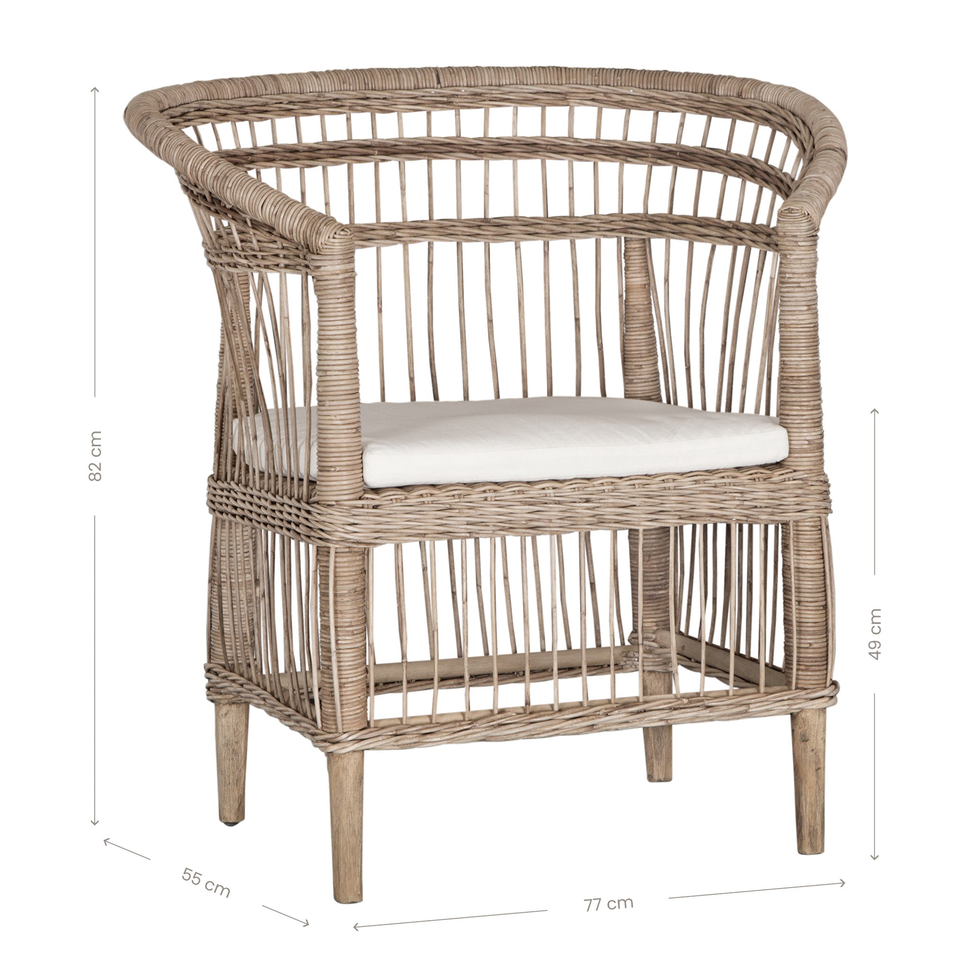 A beautifully crafted natural rattan armchair with an open-weave design and a white cushioned seat, perfect for adding a relaxed coastal touch to any space.