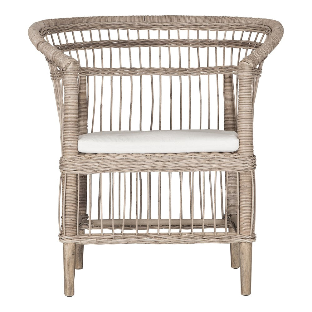 A beautifully crafted natural rattan armchair with an open-weave design and a white cushioned seat, perfect for adding a relaxed coastal touch to any space.