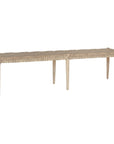 Natural teak and rope bench with a woven seat and solid wooden frame, showcasing artisanal craftsmanship and organic textures