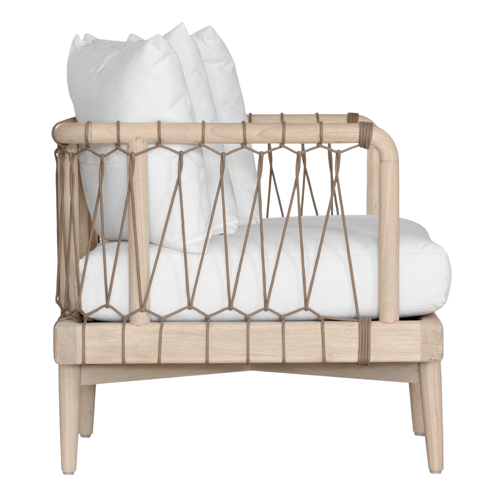 Natural rope lounge chair with white cushions, featuring a light timber frame and modern coastal aesthetic.