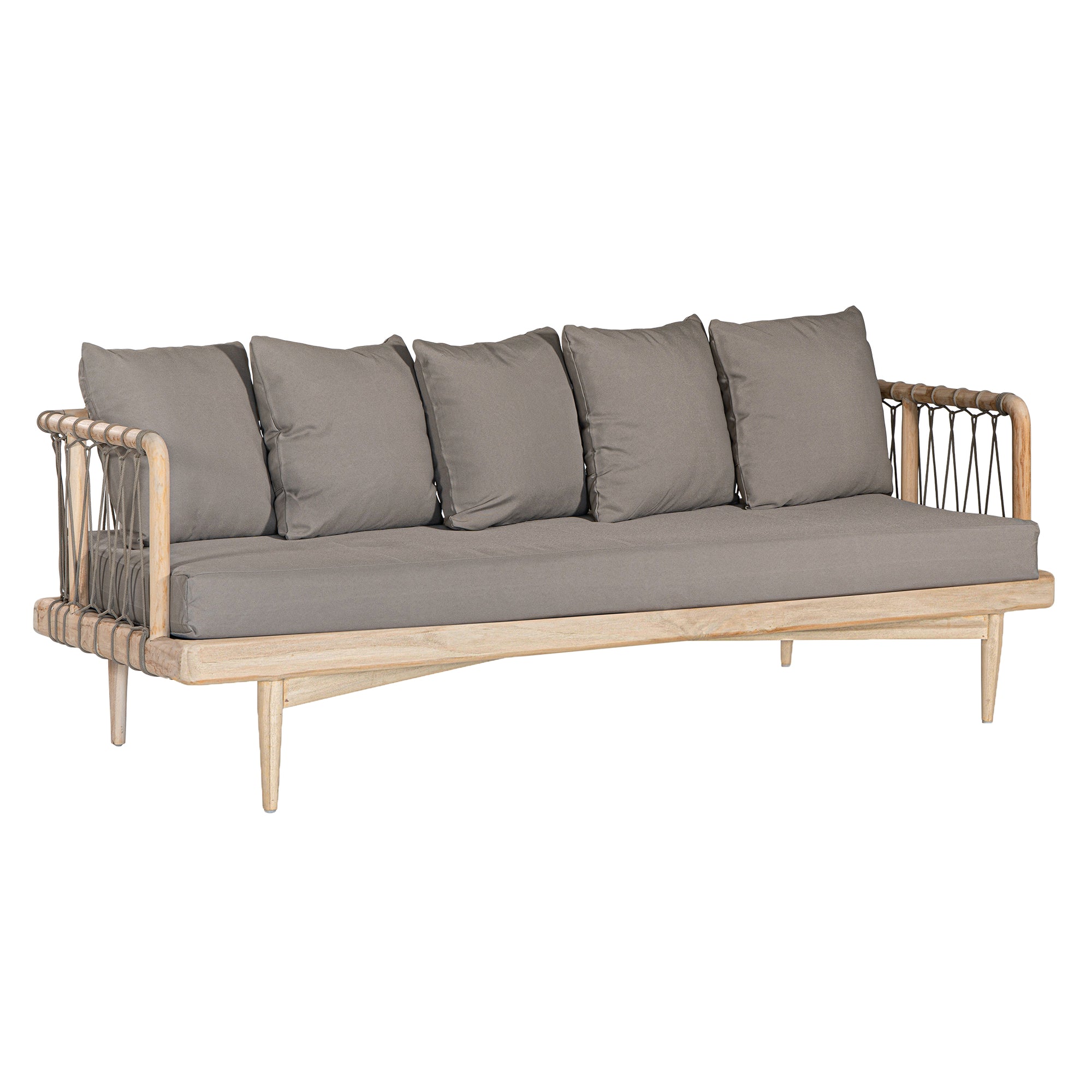 Natural rope lounge three seat sofa with taupe cushions, featuring a light timber frame and modern coastal aesthetic.