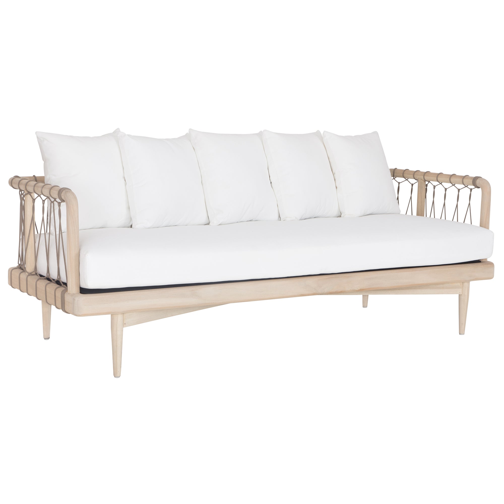 Natural rope lounge three seat sofa with white cushions, featuring a light timber frame and modern coastal aesthetic.
