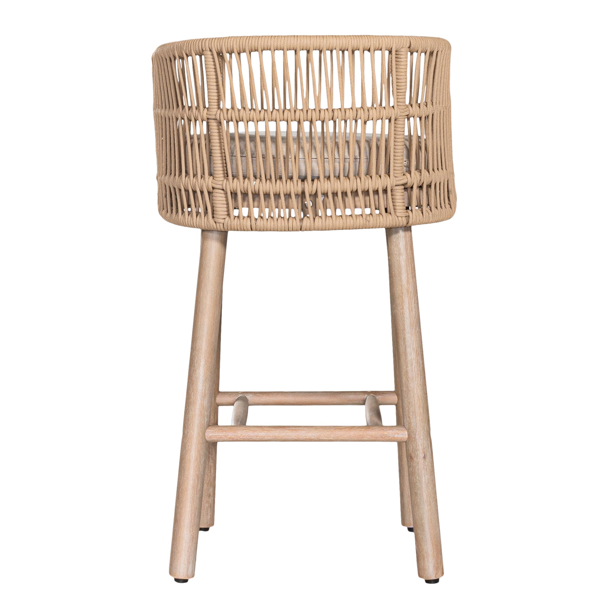 Handwoven rope counter stool with a curved backrest, cushioned seat, and sturdy wooden legs, perfect for relaxed coastal and modern interiors
