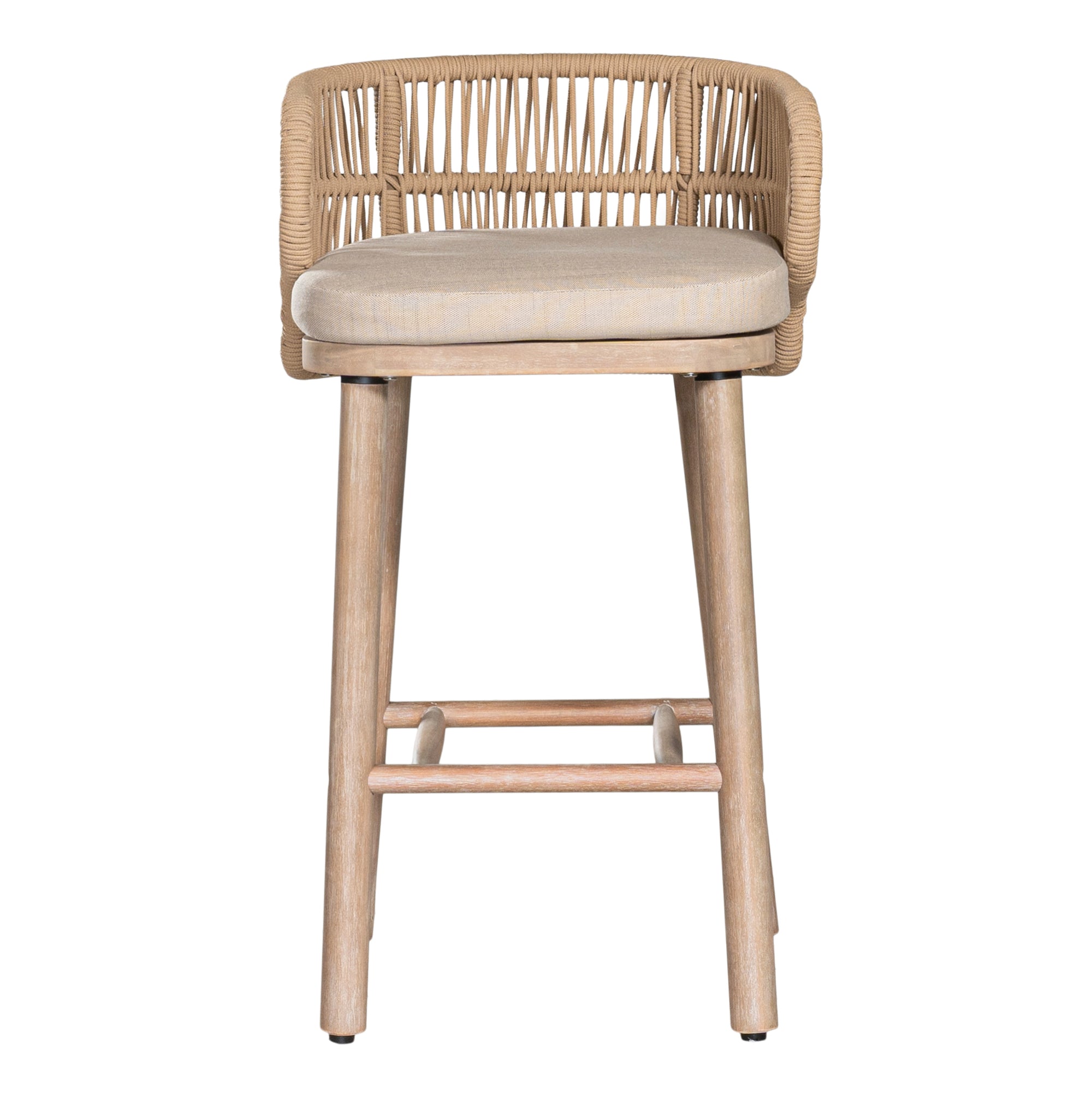 Handwoven rope counter stool with a curved backrest, cushioned seat, and sturdy wooden legs, perfect for relaxed coastal and modern interiors