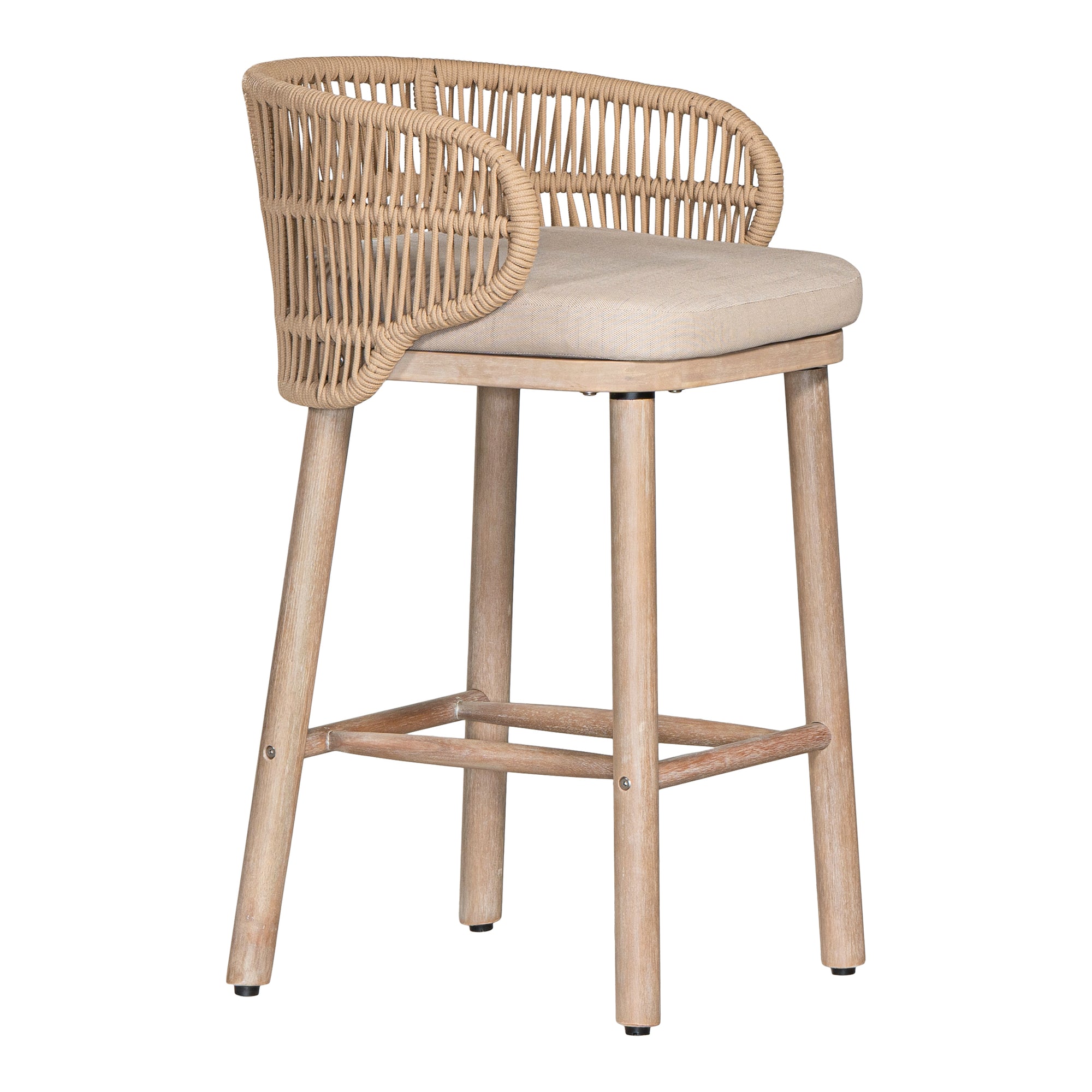 Handwoven rope counter stool with a curved backrest, cushioned seat, and sturdy wooden legs, perfect for relaxed coastal and modern interiors