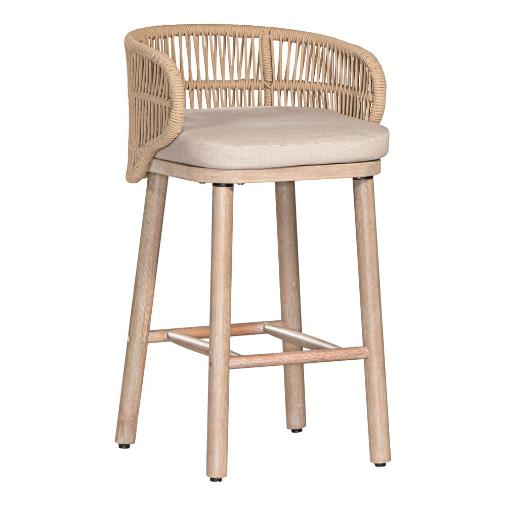 Handwoven rope counter stool with a curved backrest, cushioned seat, and sturdy wooden legs, perfect for relaxed coastal and modern interiors