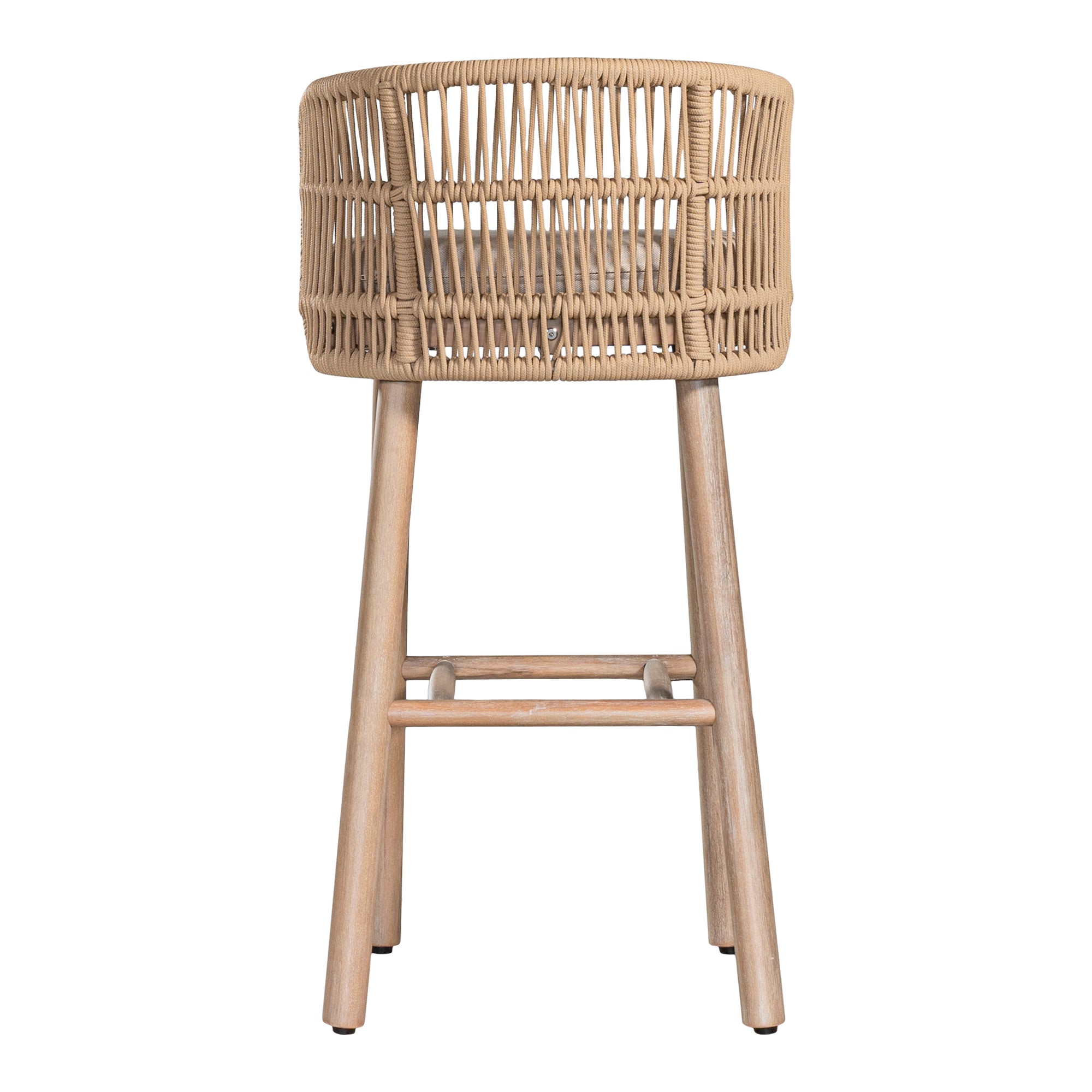  Handwoven rope bar stool with a curved backrest, cushioned seat, and sturdy wooden legs, perfect for relaxed coastal and modern interiors