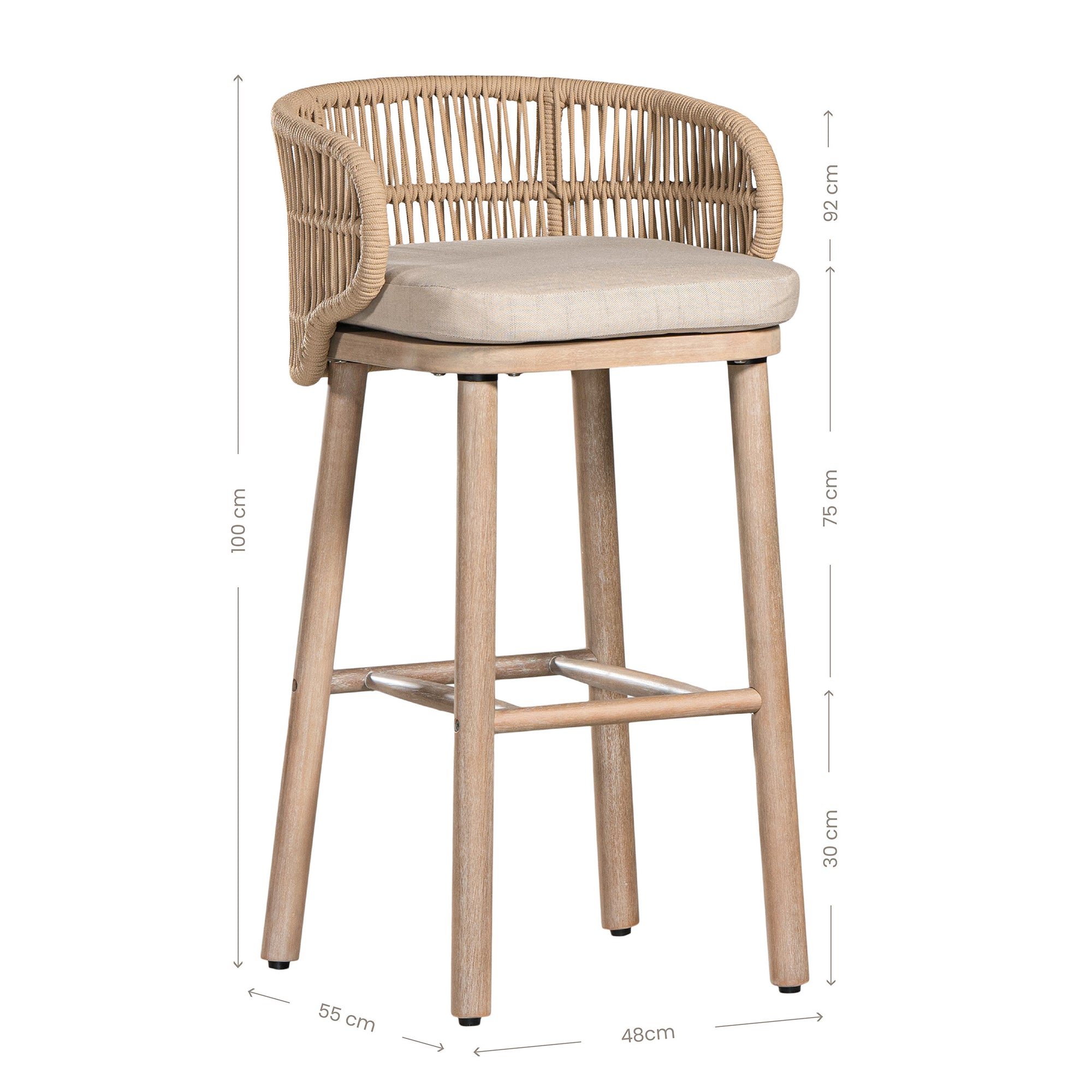Handwoven rope bar stool with a curved backrest, cushioned seat, and sturdy wooden legs, perfect for relaxed coastal and modern interiors