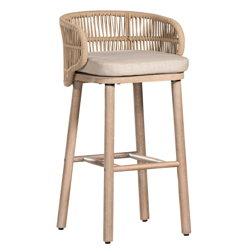 Handwoven rope bar stool with a curved backrest, cushioned seat, and sturdy wooden legs, perfect for relaxed coastal and modern interiors