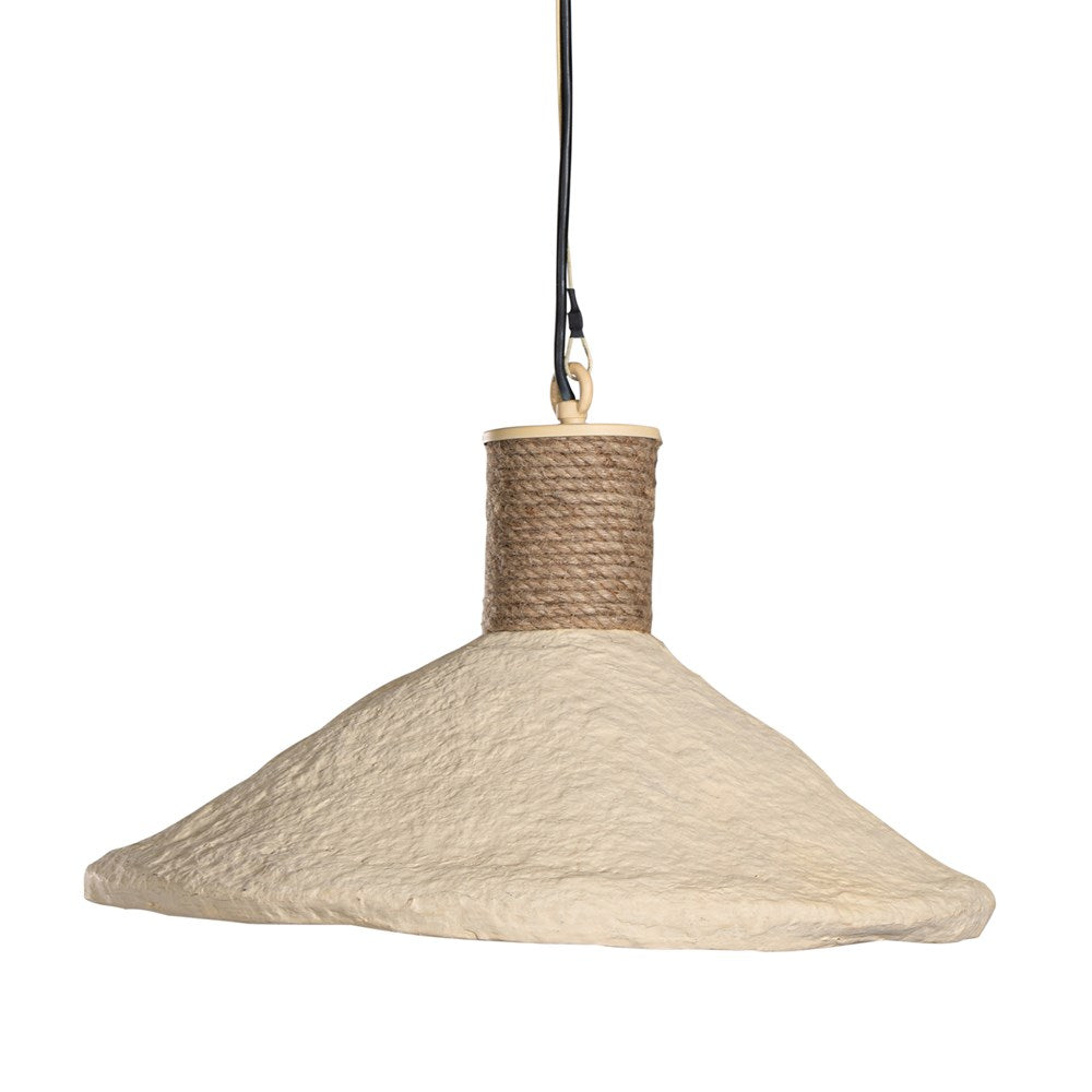 Natural jute pendant light with a textured paper mache shade, creating an earthy and artisanal aesthetic. Ideal for adding rustic charm to modern boho or coastal interiors.