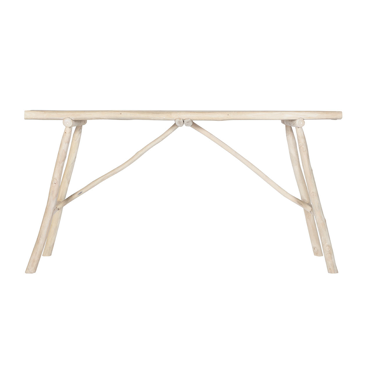 Natural teak console table with rustic branch frame, ideal for relaxed outdoor seating or casual indoor decor.
