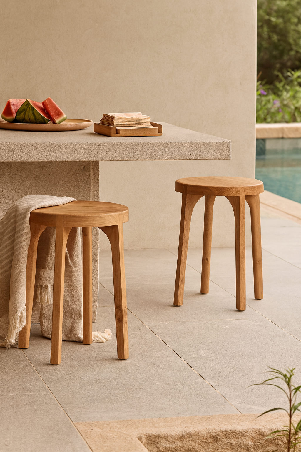 Pair of natural teak round stools styled by a stone bench in a poolside outdoor setting with neutral tones and relaxed summer decor