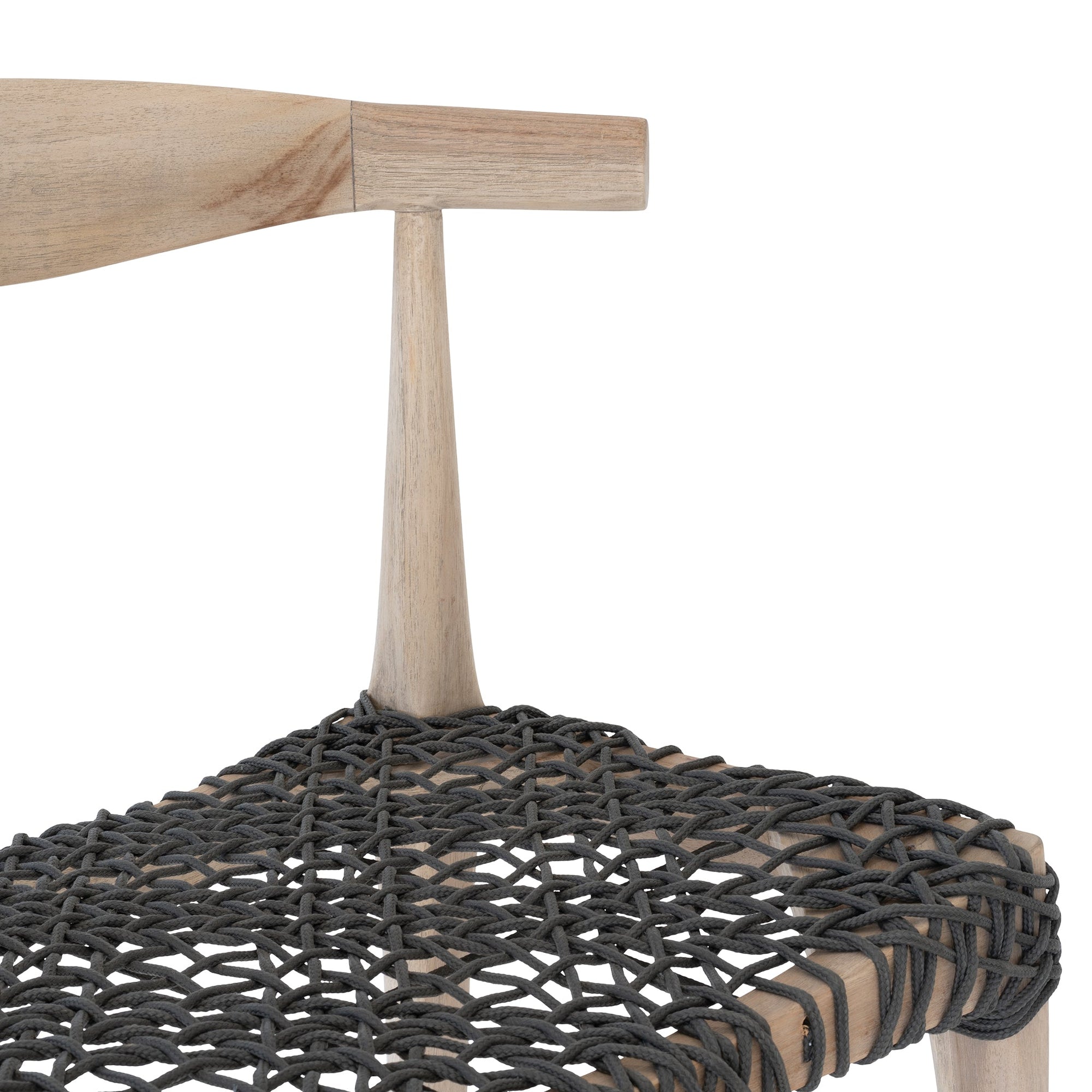 Natural timber dining chair with a black woven seat, showcasing rustic craftsmanship and contemporary design