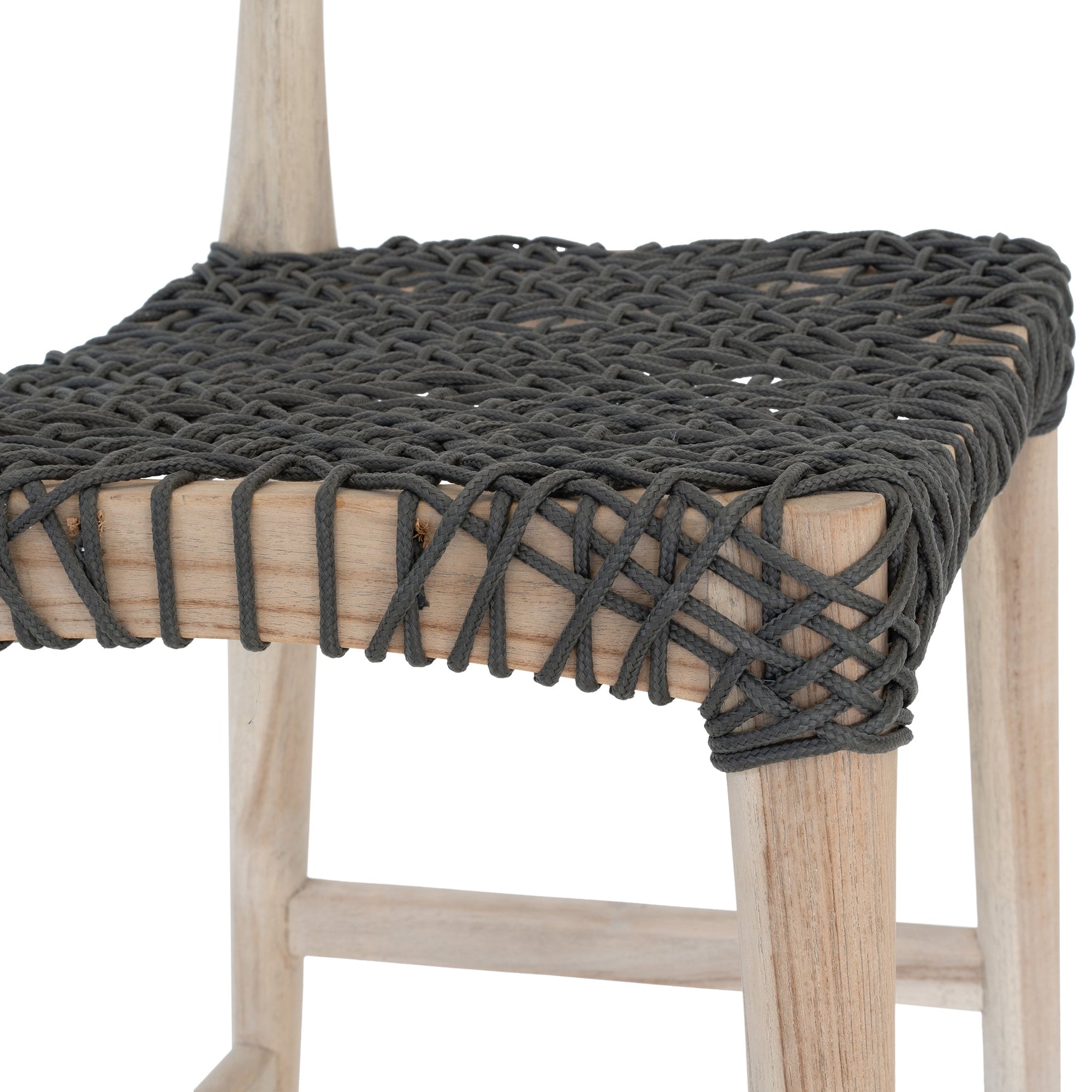 Natural timber dining chair with a black woven seat, showcasing rustic craftsmanship and contemporary design