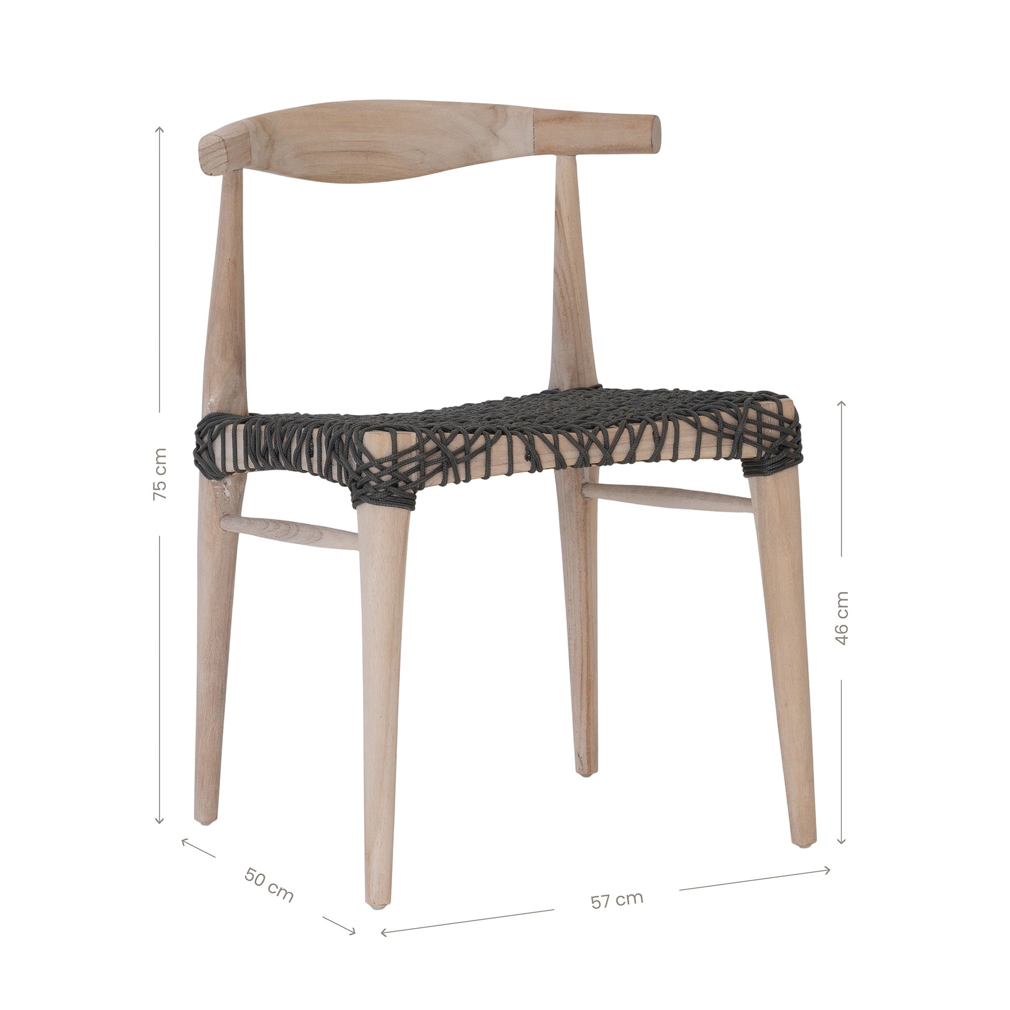 Natural timber dining chair with a black woven seat, showcasing rustic craftsmanship and contemporary design