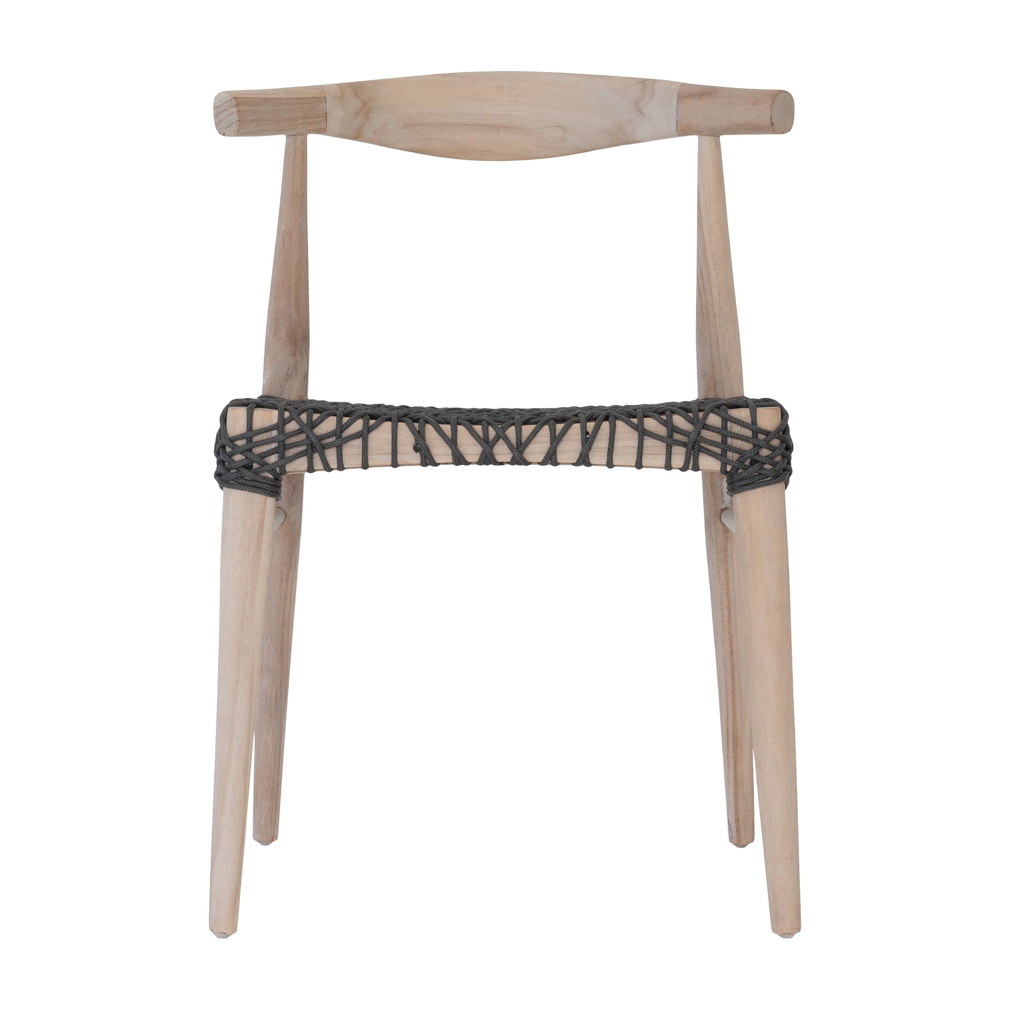 Natural timber dining chair with a black woven seat, showcasing rustic craftsmanship and contemporary design