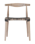 Natural timber dining chair with a black woven seat, showcasing rustic craftsmanship and contemporary design
