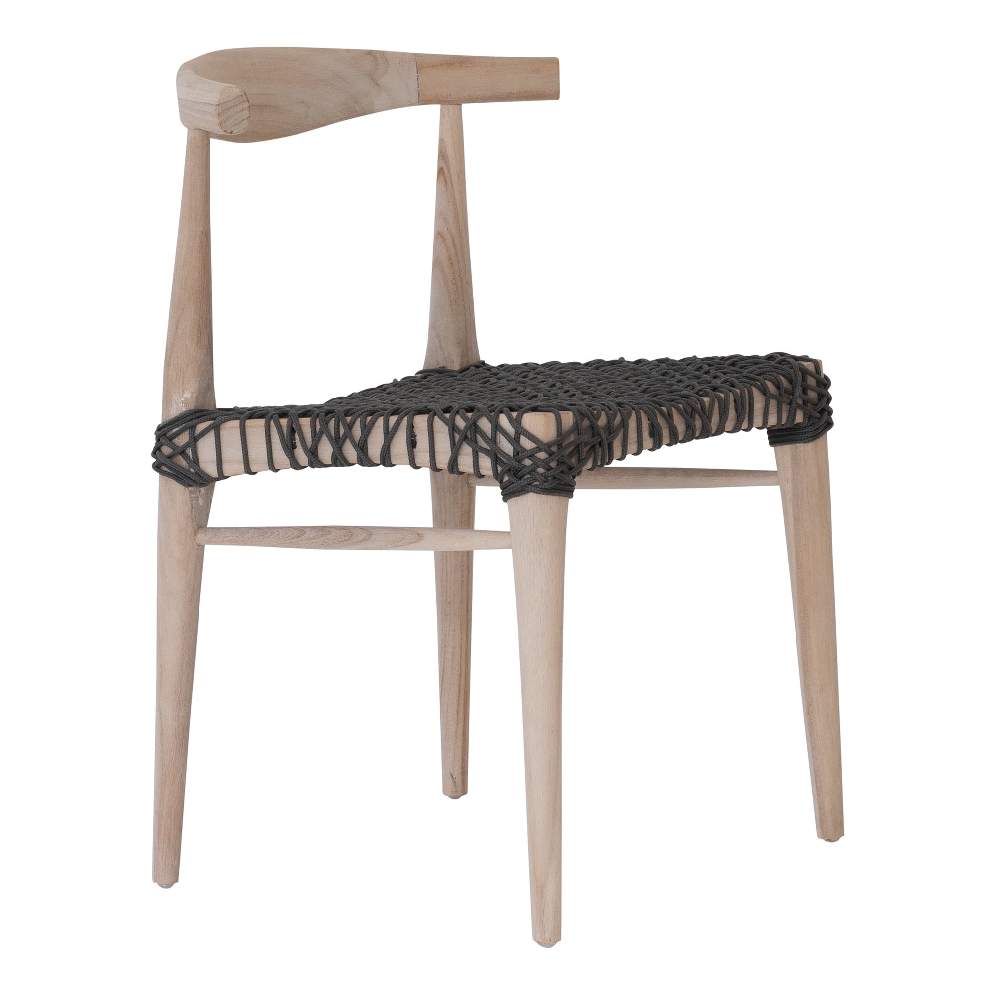 Natural timber dining chair with a black woven seat, showcasing rustic craftsmanship and contemporary design