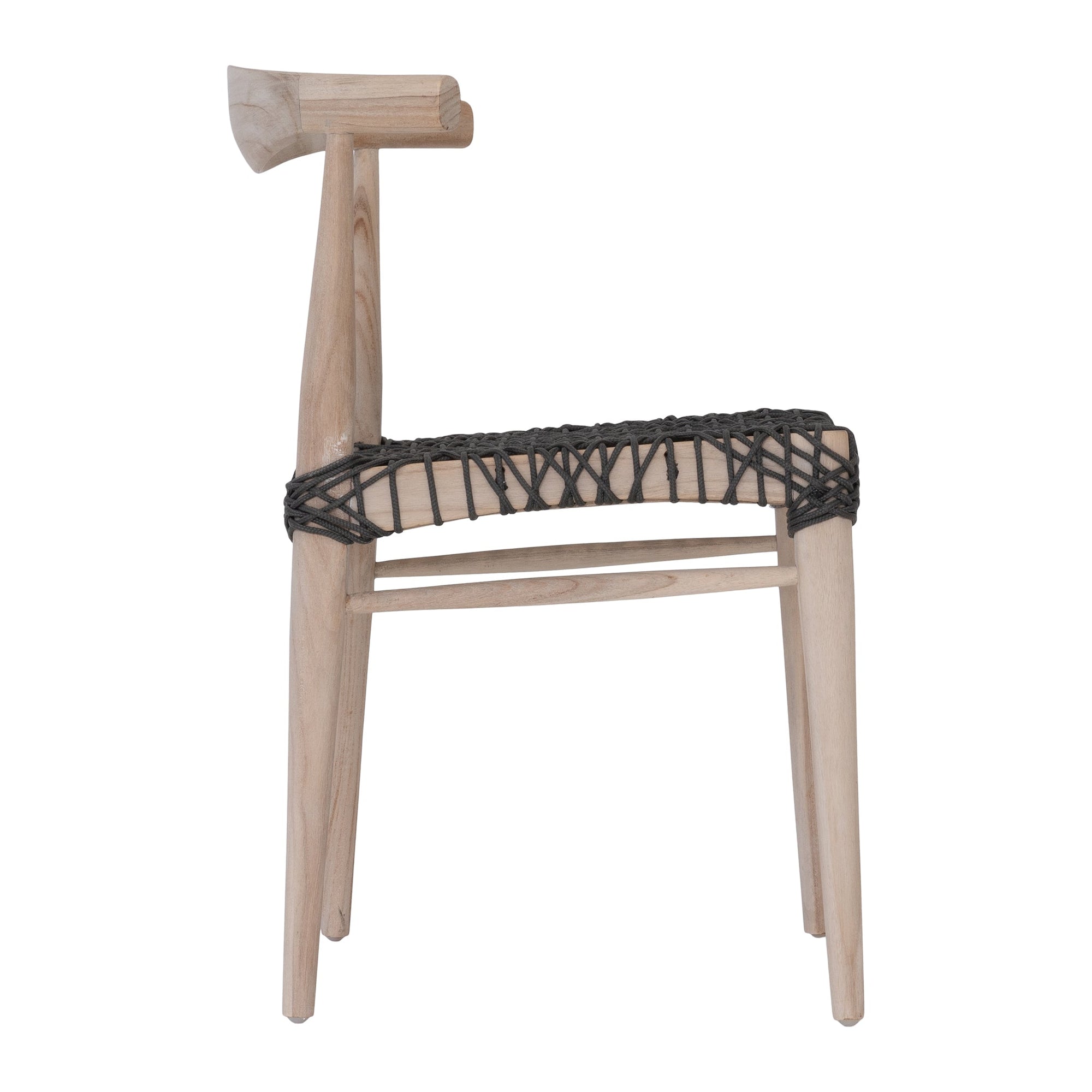 Natural timber dining chair with a black woven seat, showcasing rustic craftsmanship and contemporary design