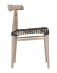 Natural timber dining chair with a black woven seat, showcasing rustic craftsmanship and contemporary design