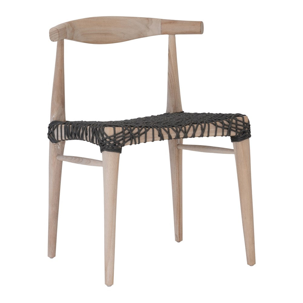 Natural timber dining chair with a black woven seat, showcasing rustic craftsmanship and contemporary design