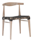 Natural timber dining chair with a black woven seat, showcasing rustic craftsmanship and contemporary design