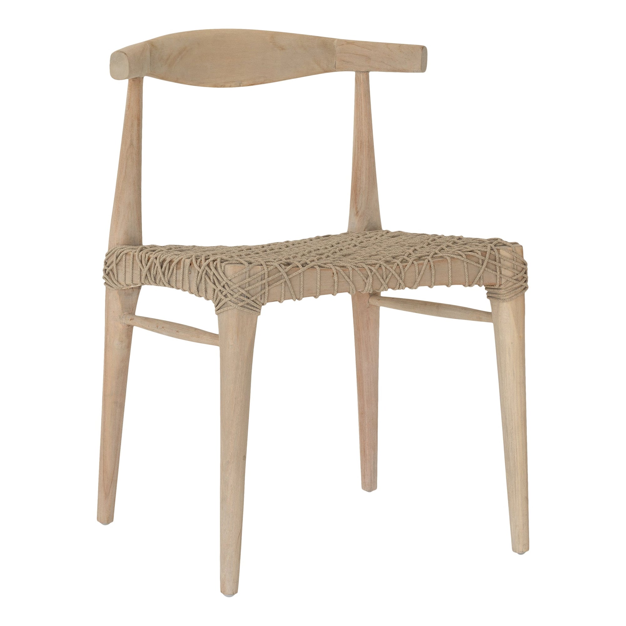 Natural wooden dining chair with a woven seat, showcasing a minimalist and rustic design perfect for modern interiors.