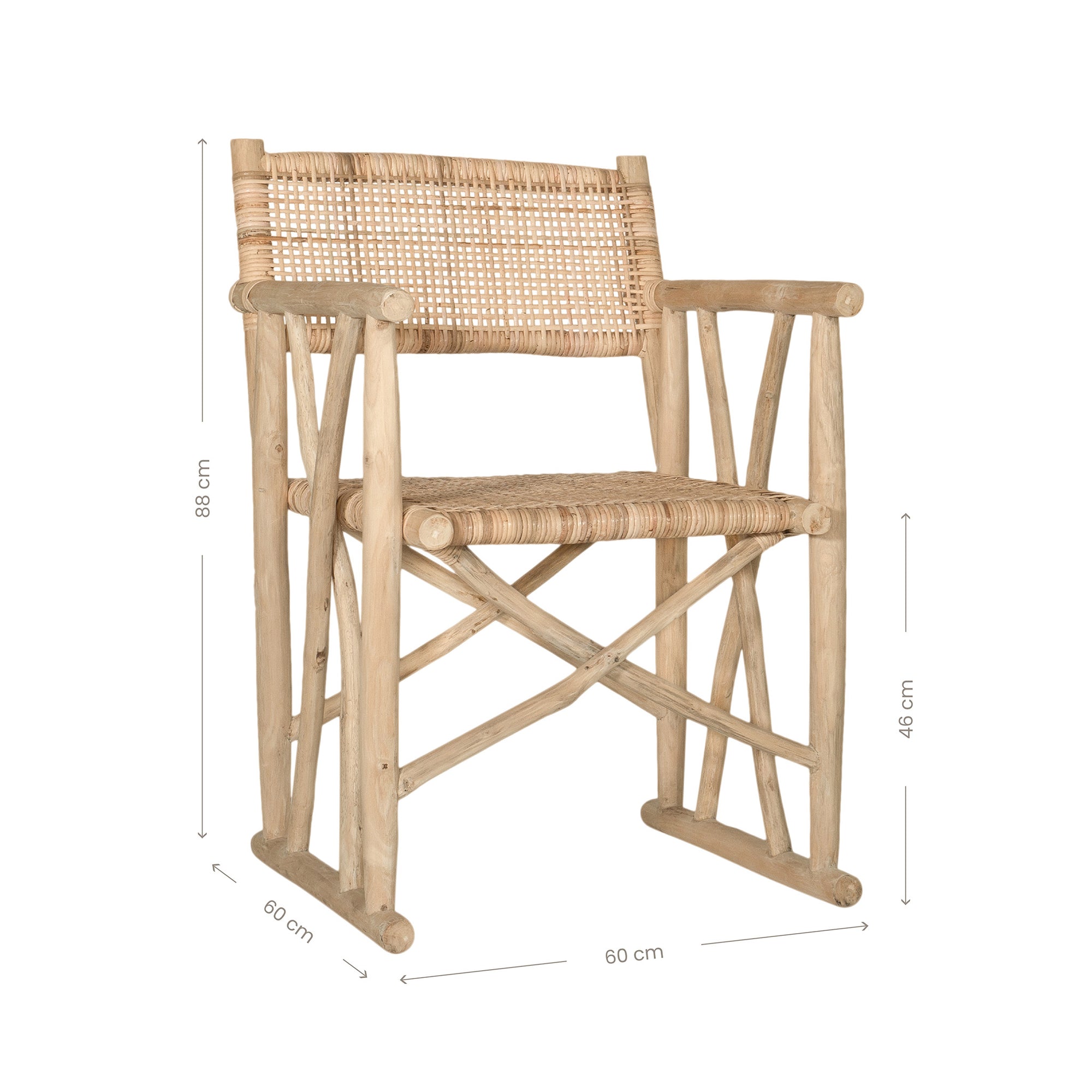 Natural rattan armchair with rustic branch frame, perfect for adding a touch of organic texture to any dining space