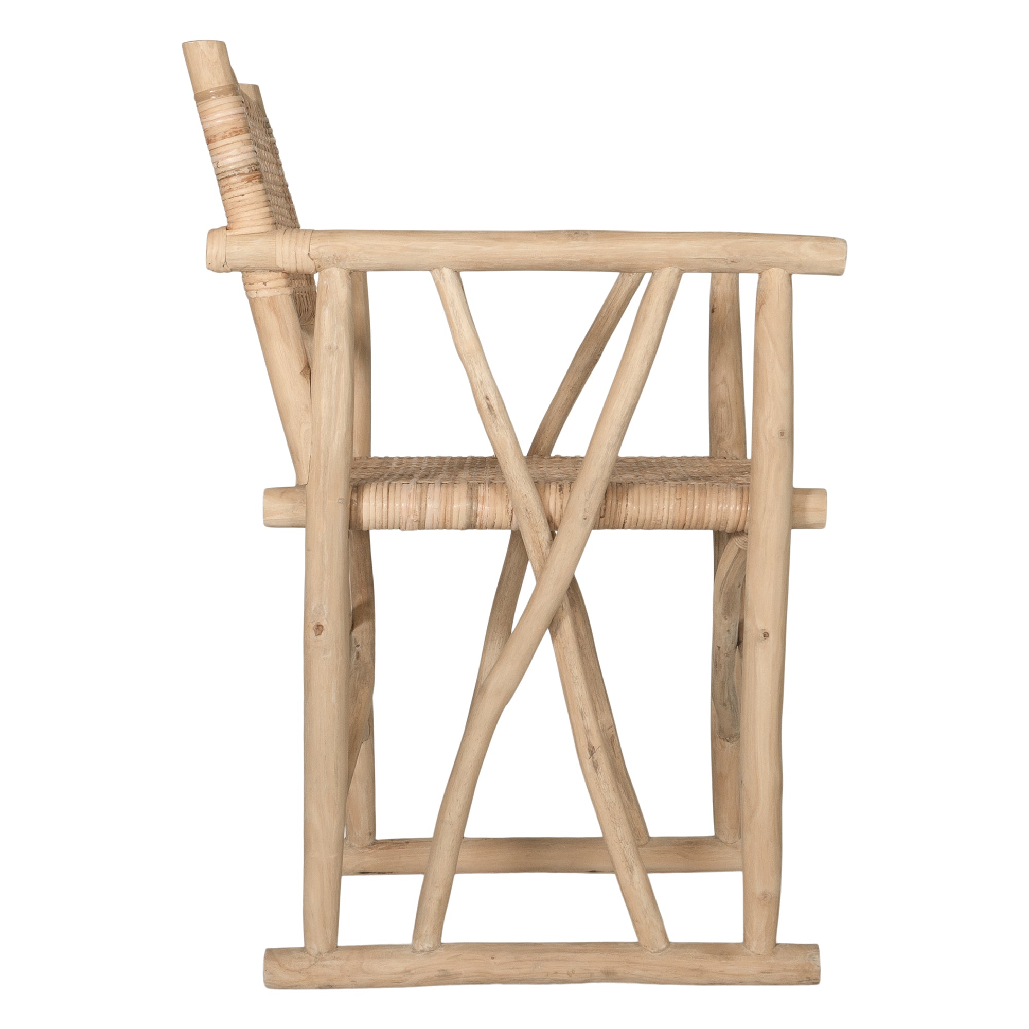 Natural rattan armchair with rustic branch frame, perfect for adding a touch of organic texture to any dining space