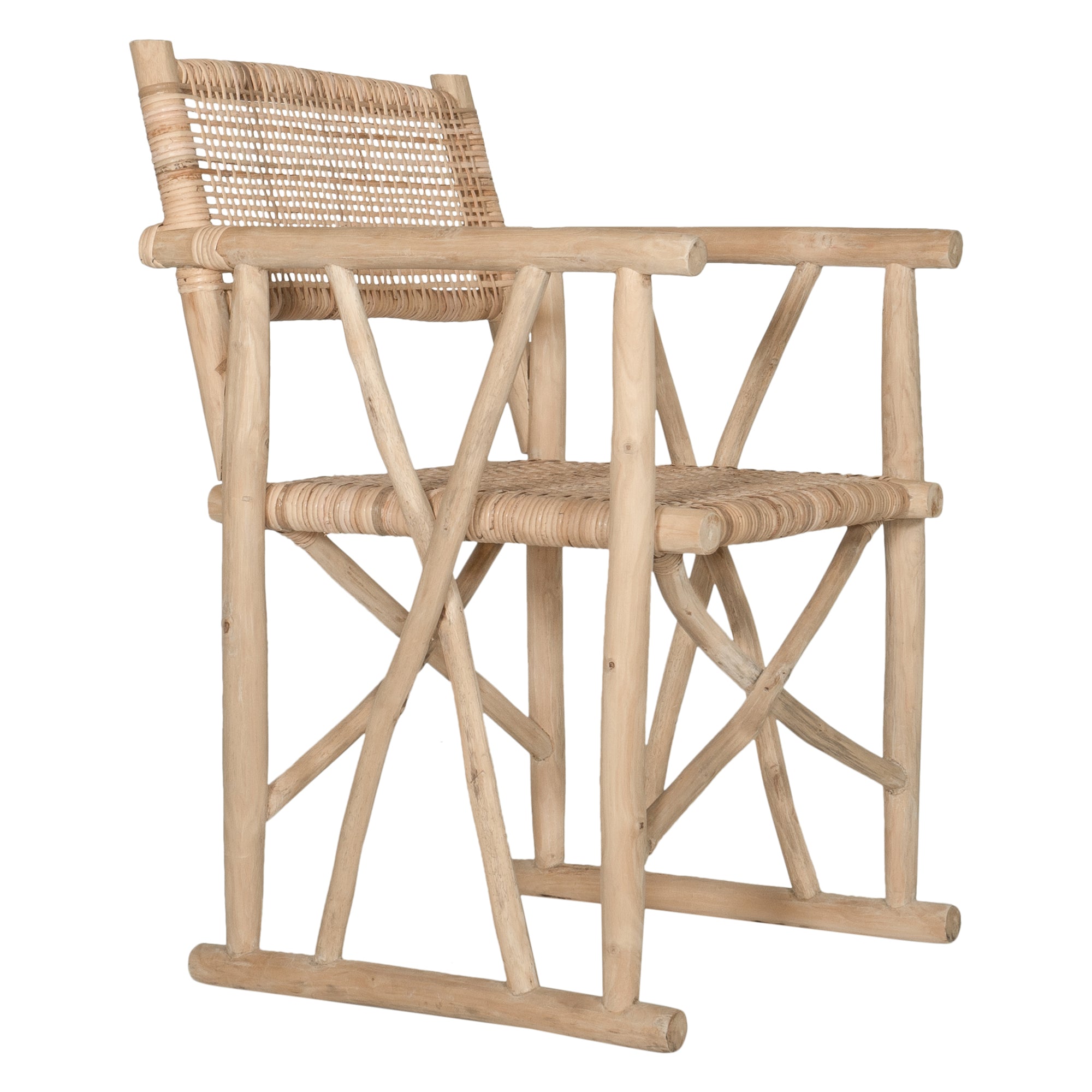 Natural rattan armchair with rustic branch frame, perfect for adding a touch of organic texture to any dining space