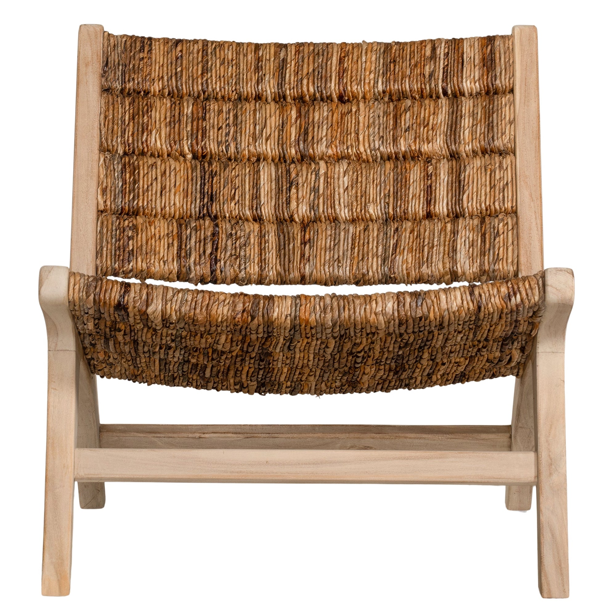 Natural banana leaf lounge chair with a sturdy wooden teak frame, perfect for relaxed indoor or outdoor living spaces
