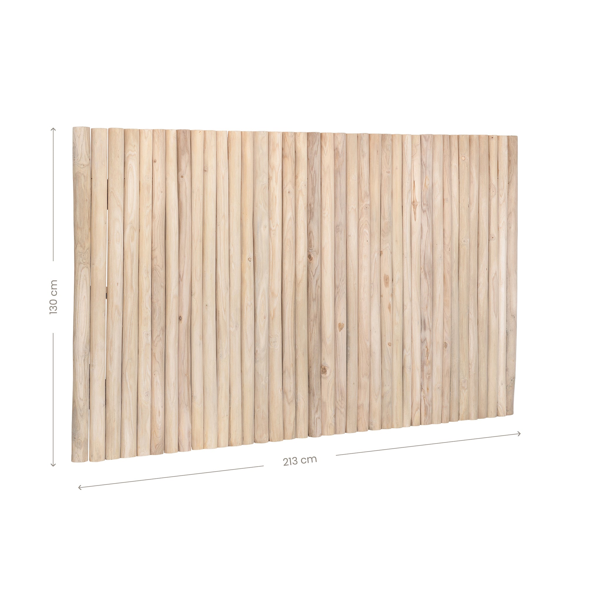 Natural teak wood panel bedhead with vertical pole design, showcasing the organic texture and warm tones of solid teak. Ideal for creating a tranquil and earthy bedroom aesthetic. Queen size bedhead for contemporary and rustic interiors.