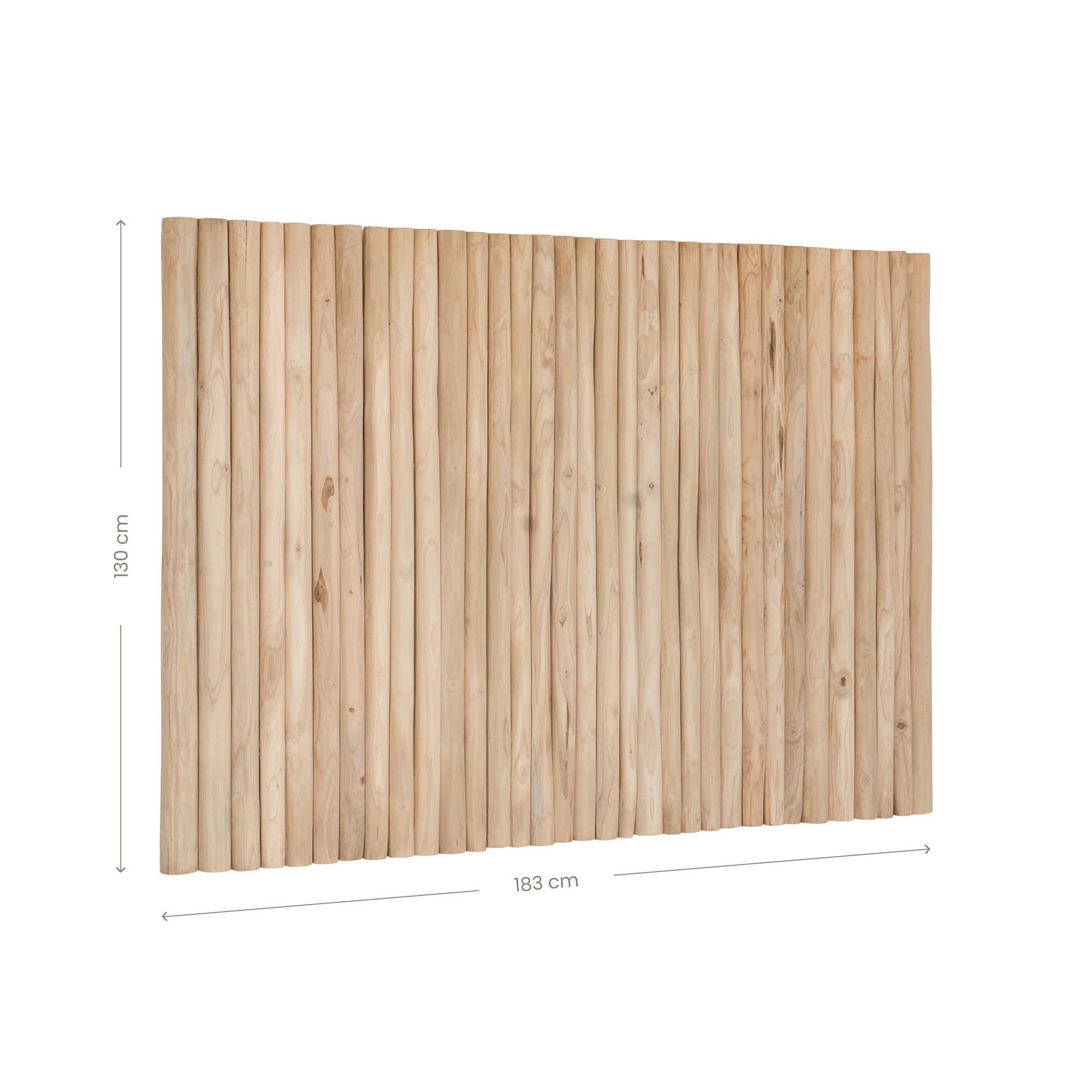 Natural teak wood panel bedhead with vertical pole design, showcasing the organic texture and warm tones of solid teak. Ideal for creating a tranquil and earthy bedroom aesthetic. Queen size bedhead for contemporary and rustic interiors.