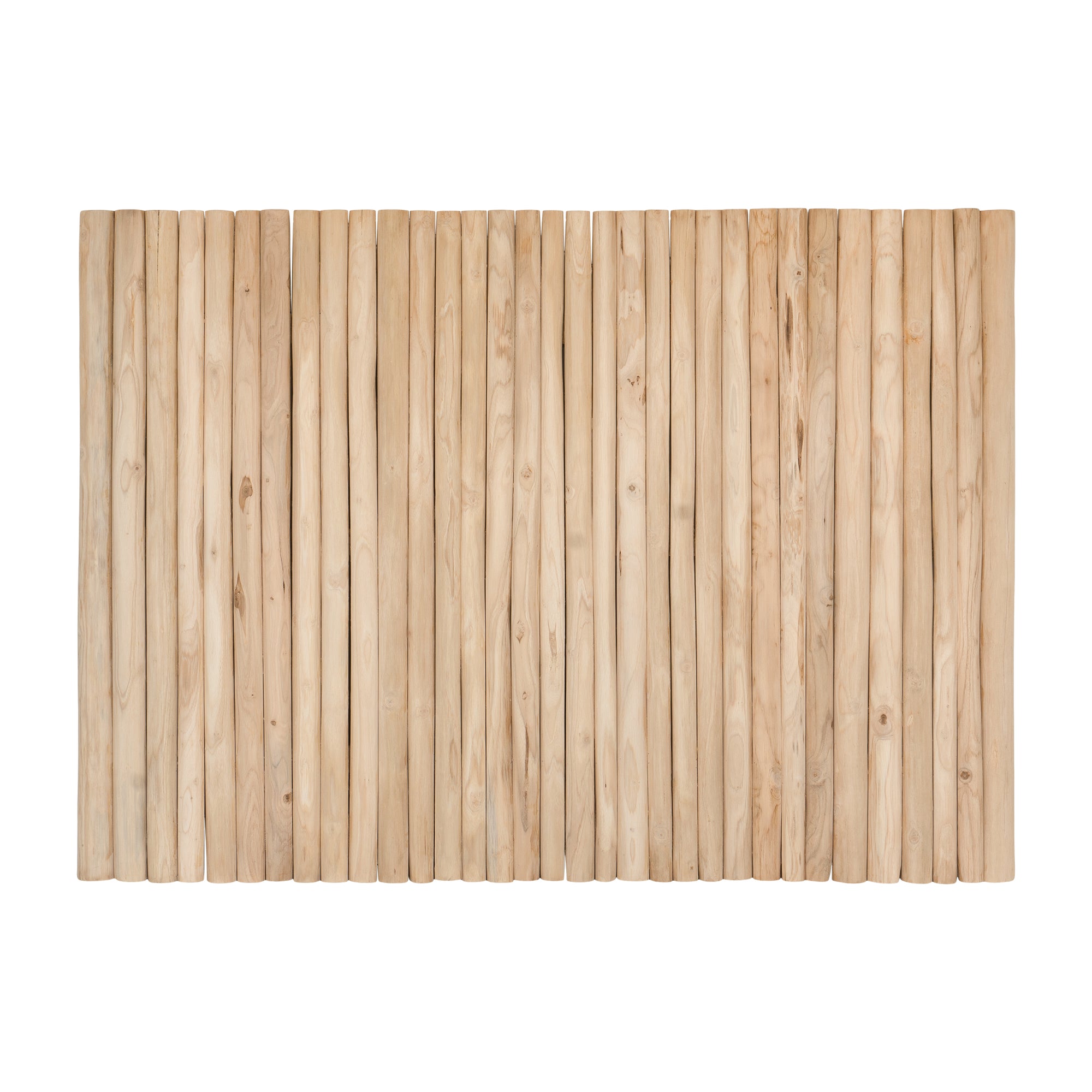 Natural teak wood panel bedhead with vertical pole design, showcasing the organic texture and warm tones of solid teak. Ideal for creating a tranquil and earthy bedroom aesthetic. Queen size bedhead for contemporary and rustic interiors.