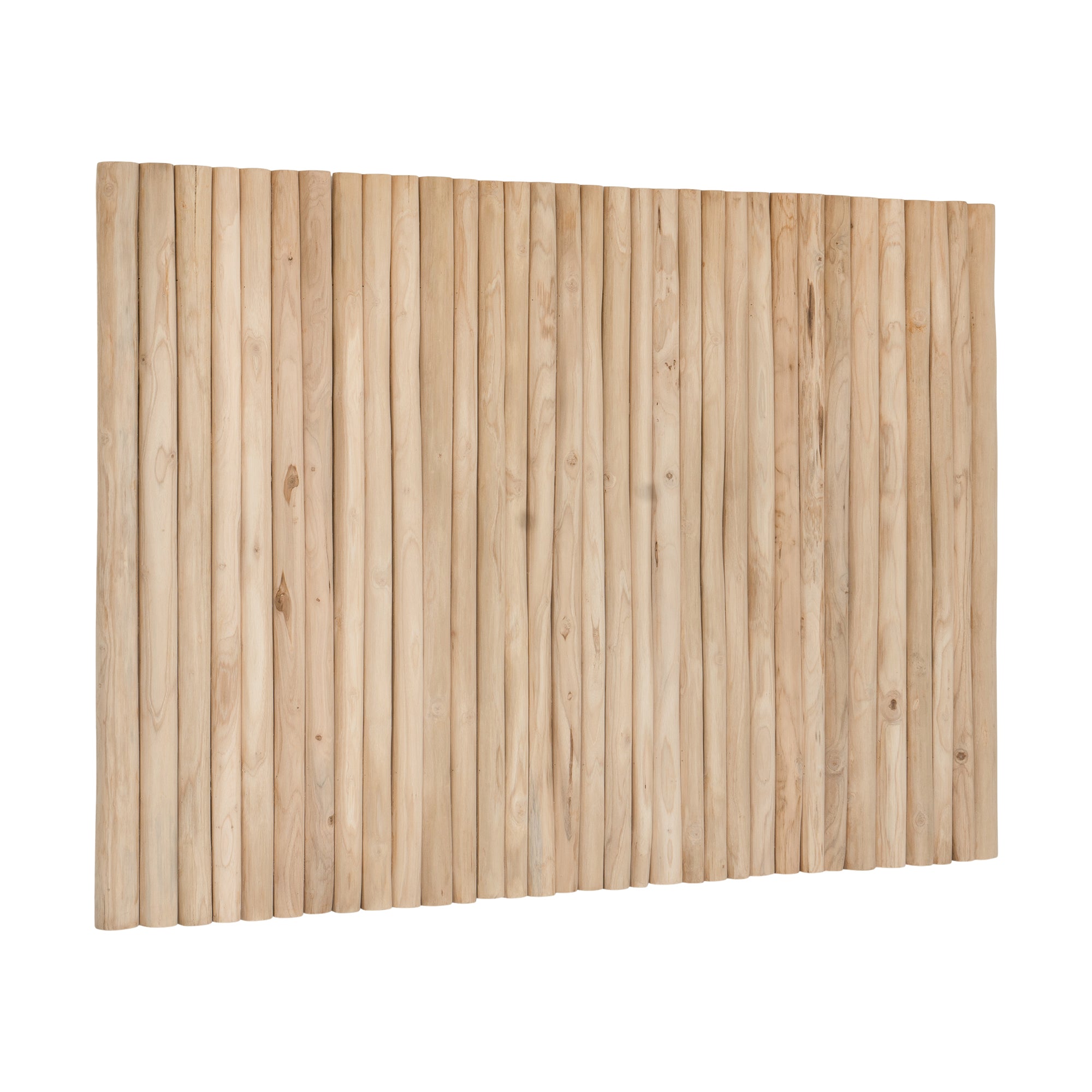 Natural teak wood panel bedhead with vertical pole design, showcasing the organic texture and warm tones of solid teak. Ideal for creating a tranquil and earthy bedroom aesthetic. Queen size bedhead for contemporary and rustic interiors.
