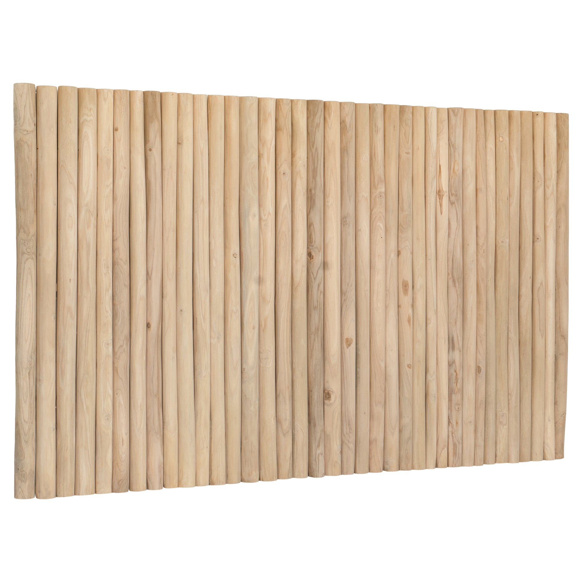 Natural teak wood panel bedhead with vertical pole design, showcasing the organic texture and warm tones of solid teak. Ideal for creating a tranquil and earthy bedroom aesthetic. Queen size bedhead for contemporary and rustic interiors.