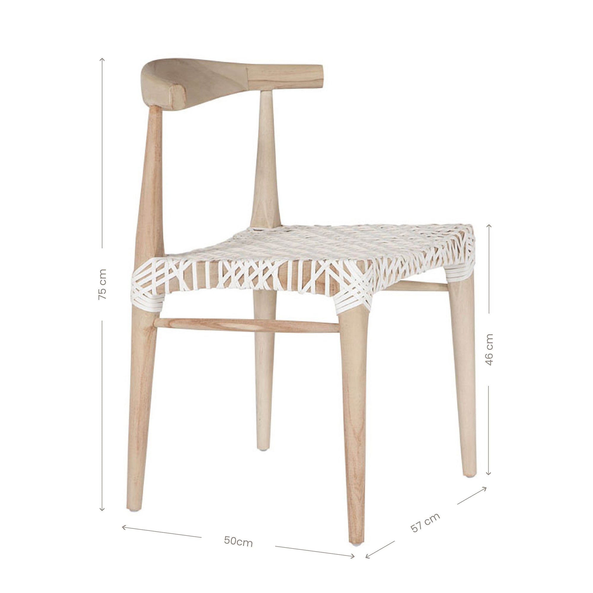 Natural timber dining chair with a white woven seat, showcasing rustic craftsmanship and contemporary design.