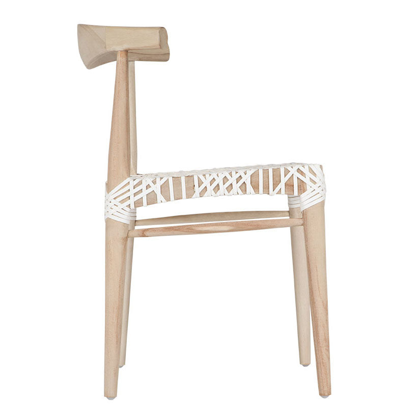 Natural timber dining chair with a white woven seat, showcasing rustic craftsmanship and contemporary design.