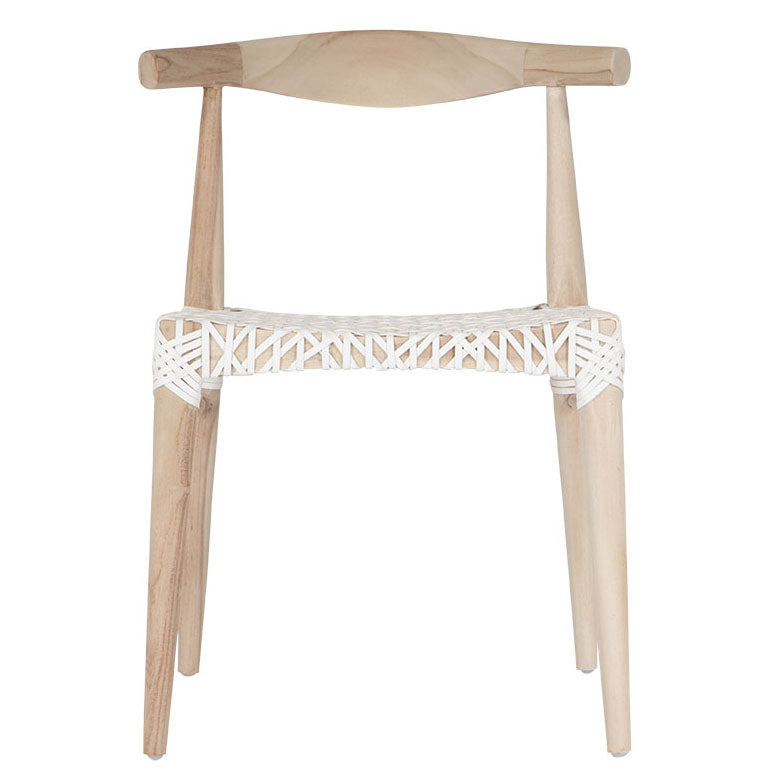 Natural timber dining chair with a white woven seat, showcasing rustic craftsmanship and contemporary design.