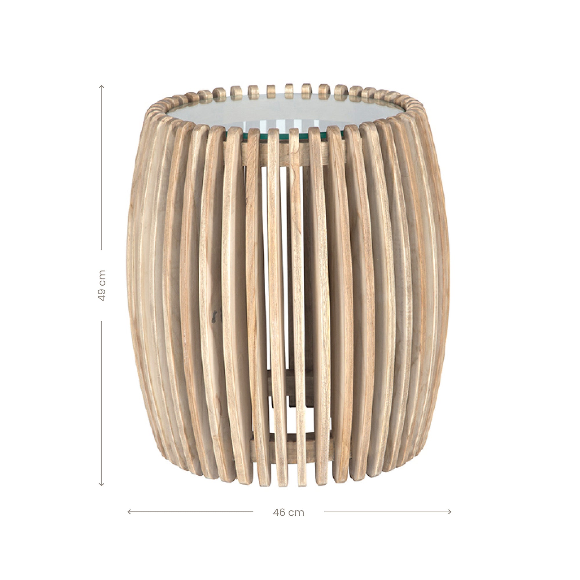 Natural timber round side table with vertical slat design and glass top, perfect for adding a touch of coastal elegance to living spaces