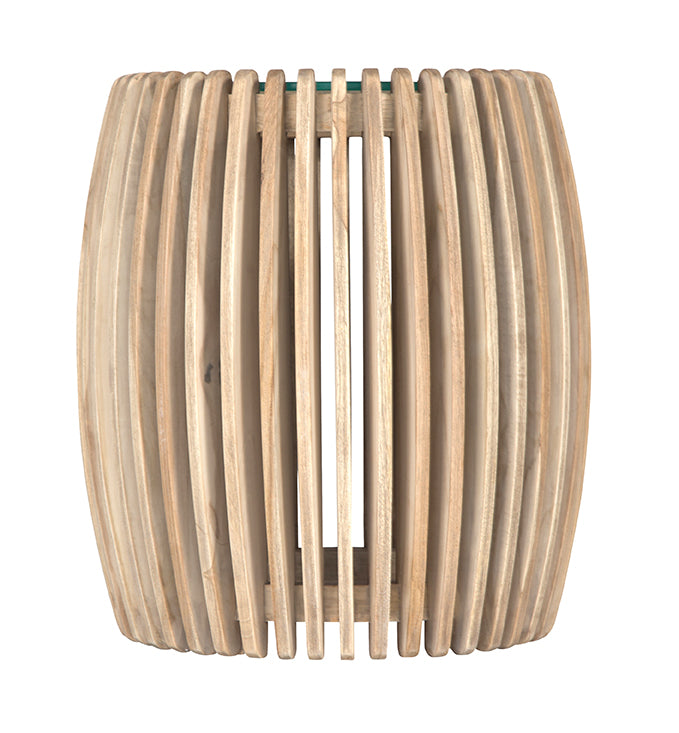 Natural timber round side table with vertical slat design and glass top, perfect for adding a touch of coastal elegance to living spaces