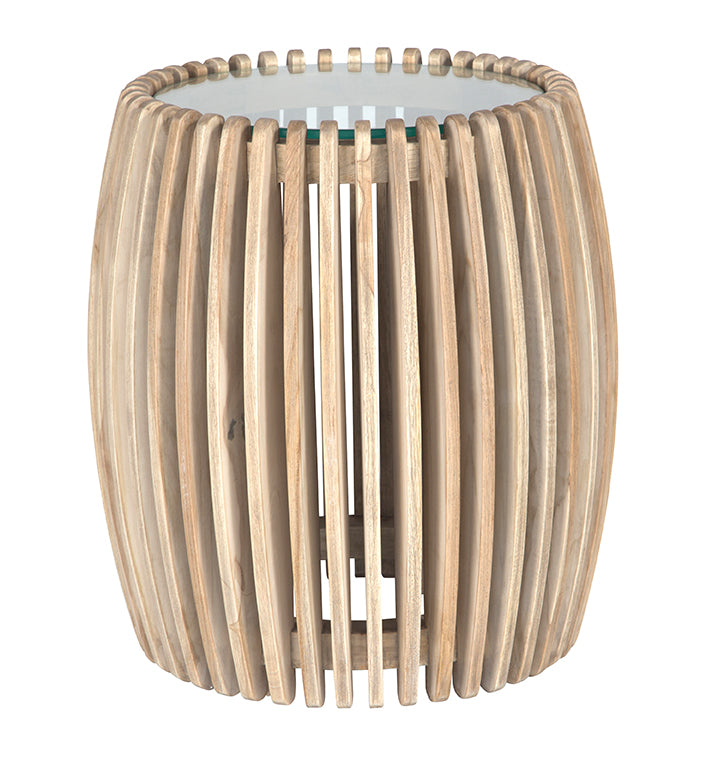 Natural timber round side table with vertical slat design and glass top, perfect for adding a touch of coastal elegance to living spaces