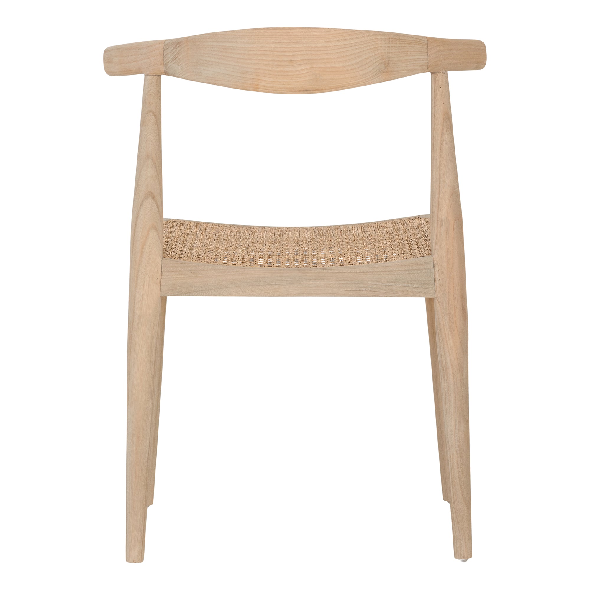 Natural timber dining chair with woven cane seat and curved backrest, ideal for relaxed, coastal-inspired dining spaces