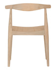Natural timber dining chair with woven cane seat and curved backrest, ideal for relaxed, coastal-inspired dining spaces
