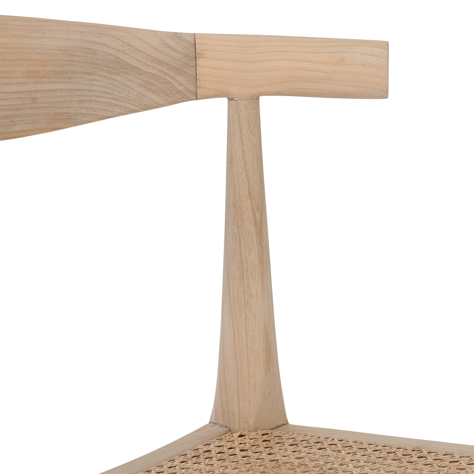 Natural timber dining chair with woven cane seat and curved backrest, ideal for relaxed, coastal-inspired dining spaces