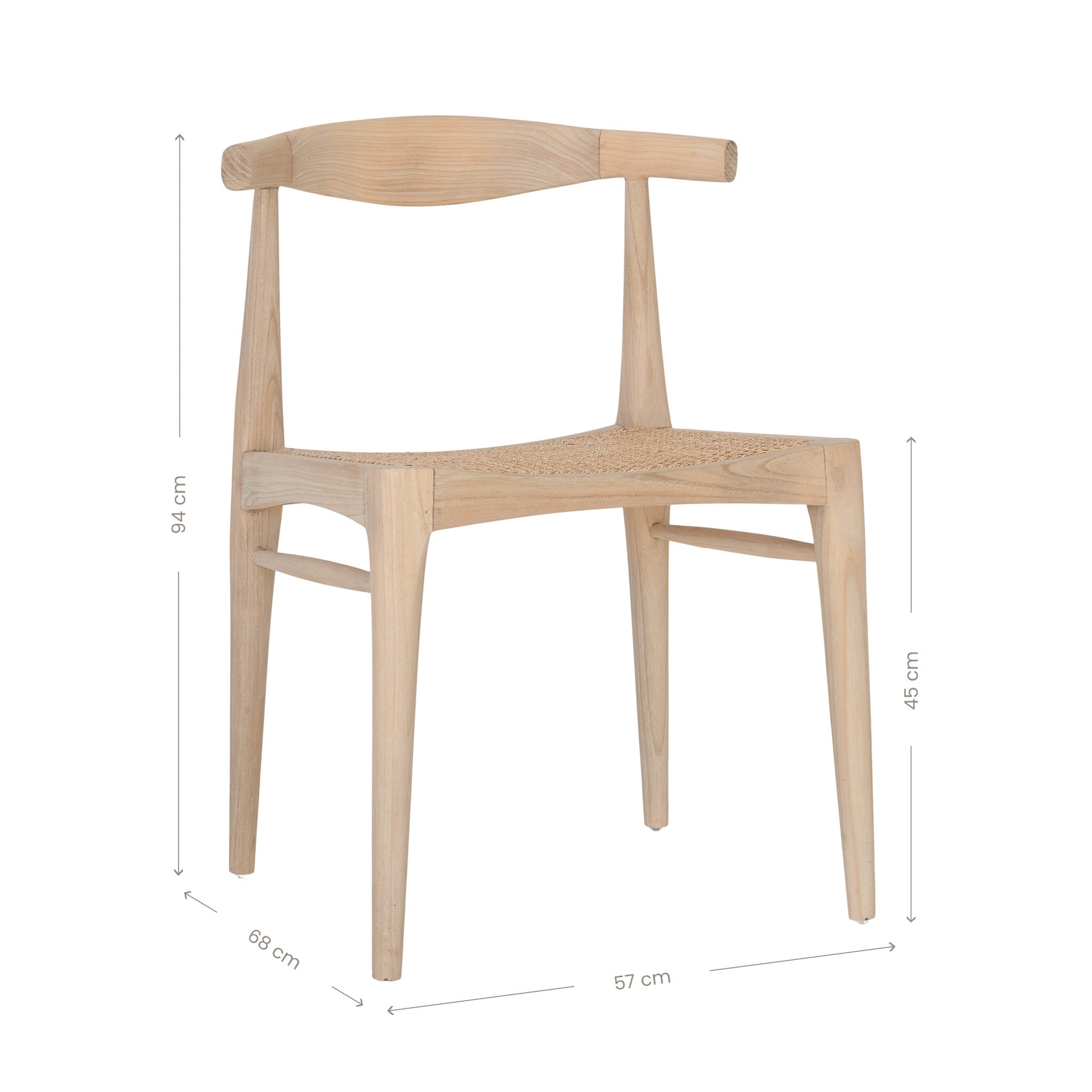 Natural timber dining chair with woven cane seat and curved backrest, ideal for relaxed, coastal-inspired dining spaces