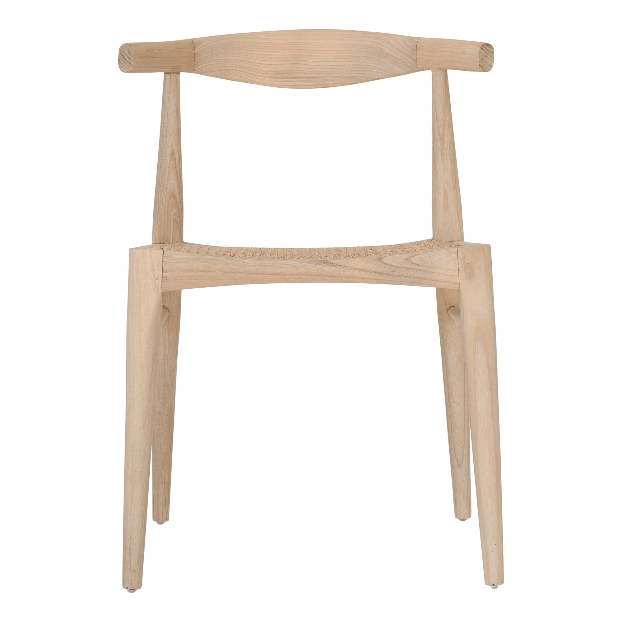 Natural timber dining chair with woven cane seat and curved backrest, ideal for relaxed, coastal-inspired dining spaces