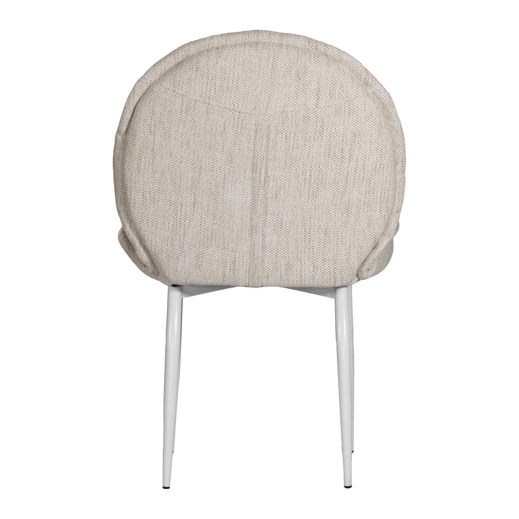 Contemporary natural upholstered dining chair with a plush, rounded backrest and cushioned seat, supported by sleek black metal legs for a sophisticated modern look