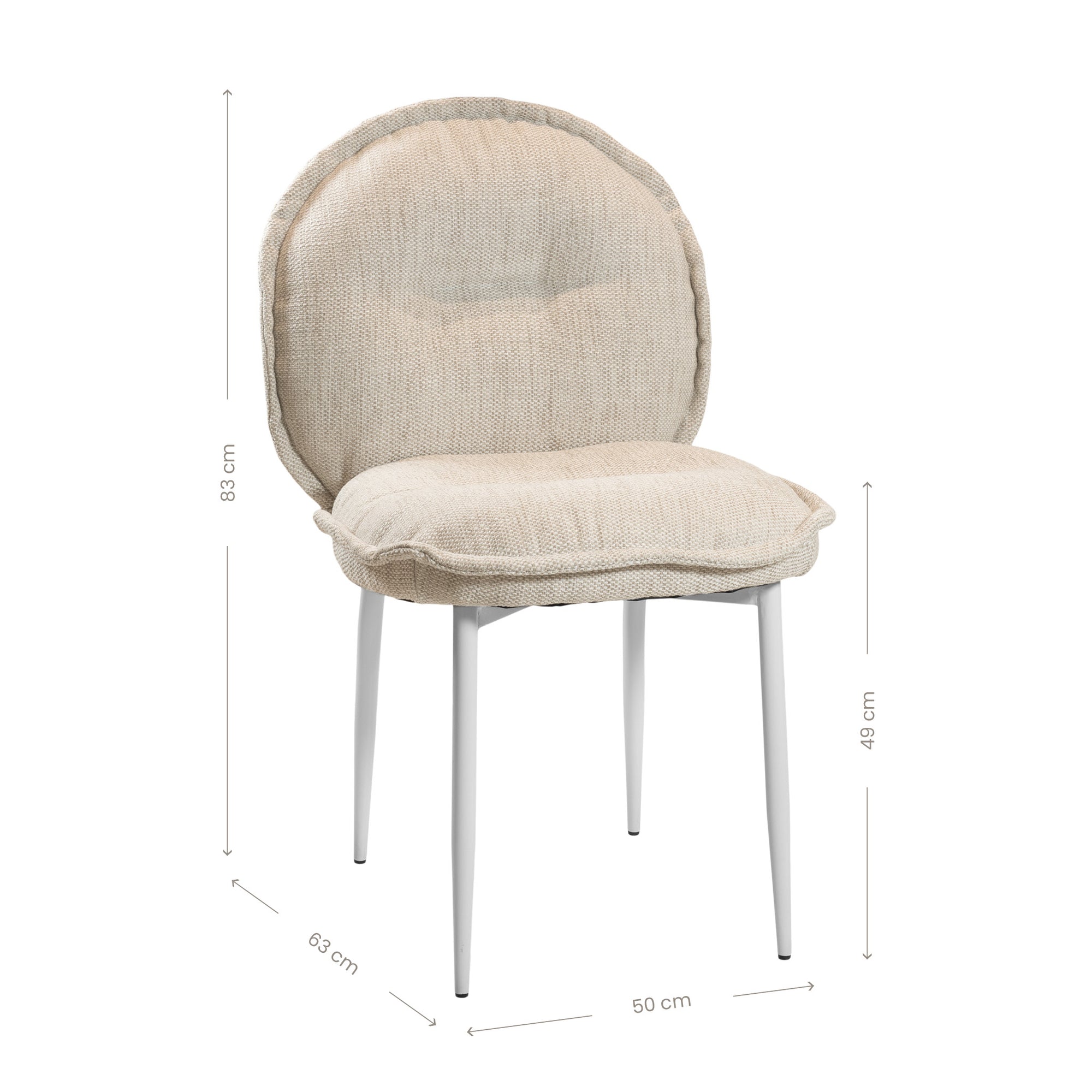 Contemporary natural upholstered dining chair with a plush, rounded backrest and cushioned seat, supported by sleek black metal legs for a sophisticated modern look